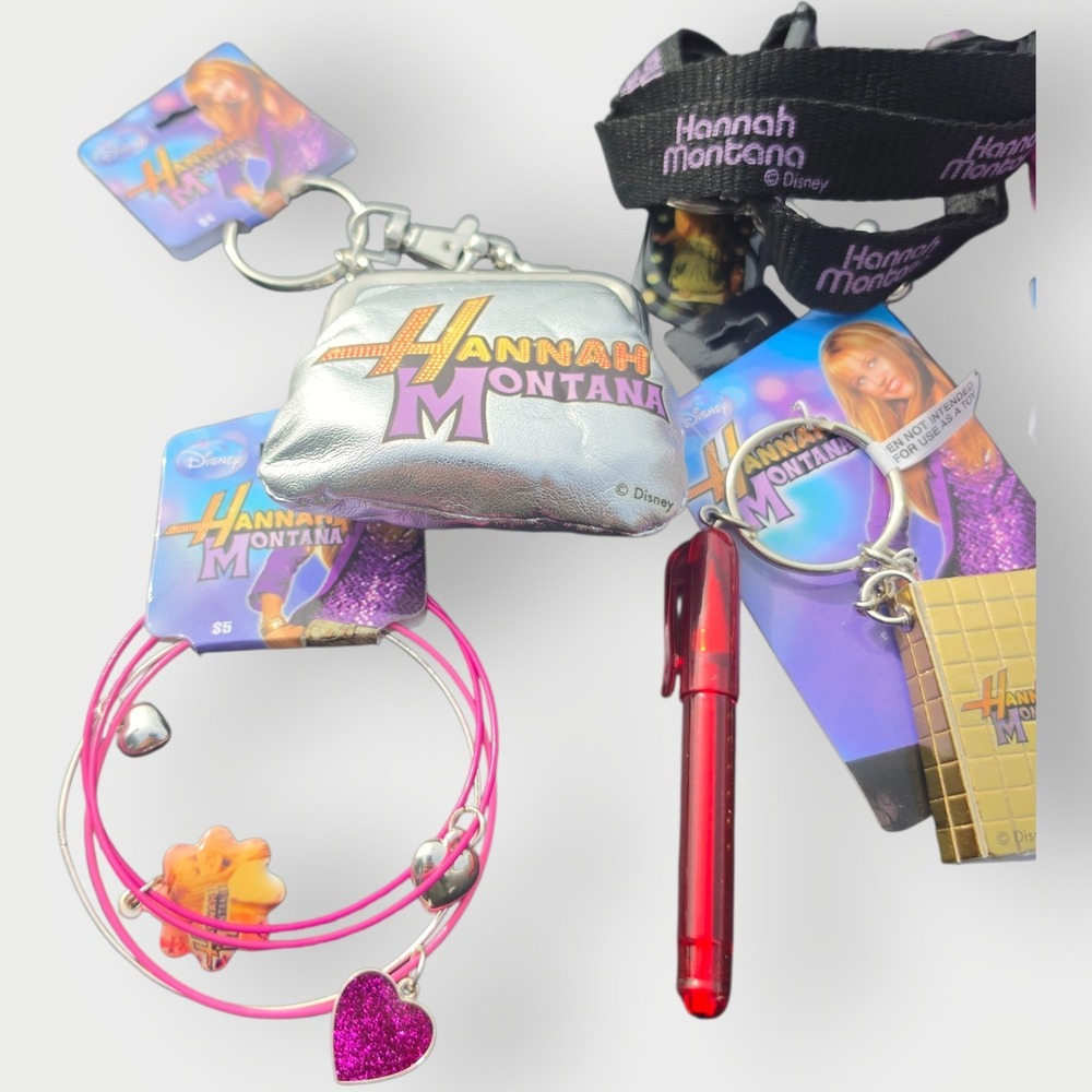 Hannah Montana LOT 2 Lanyards And 2 Coin Purses Pen Paper Bracelets Pink Purple
